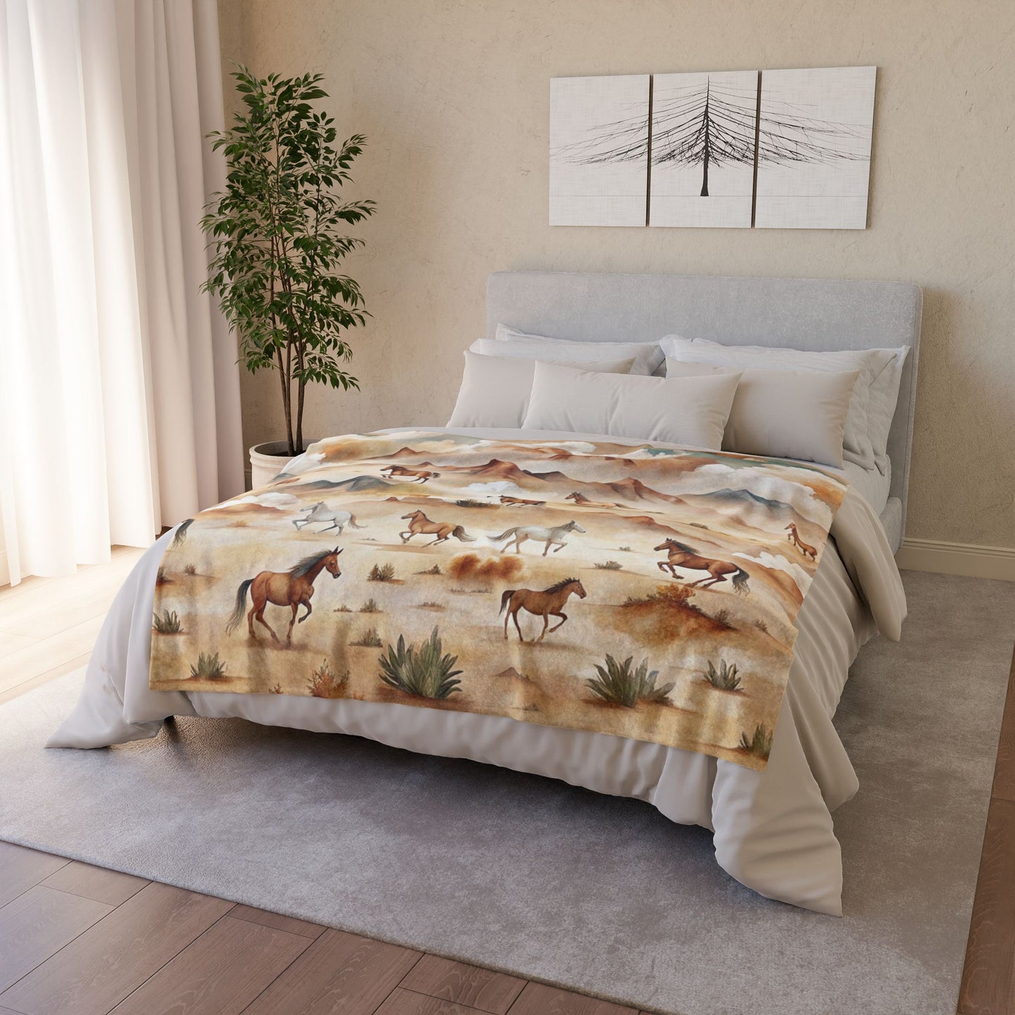 Western Wild Horses Running,,, Add Custom Text Polyester Blanket - Cozy Nature-Inspired Throw for Kids & Family