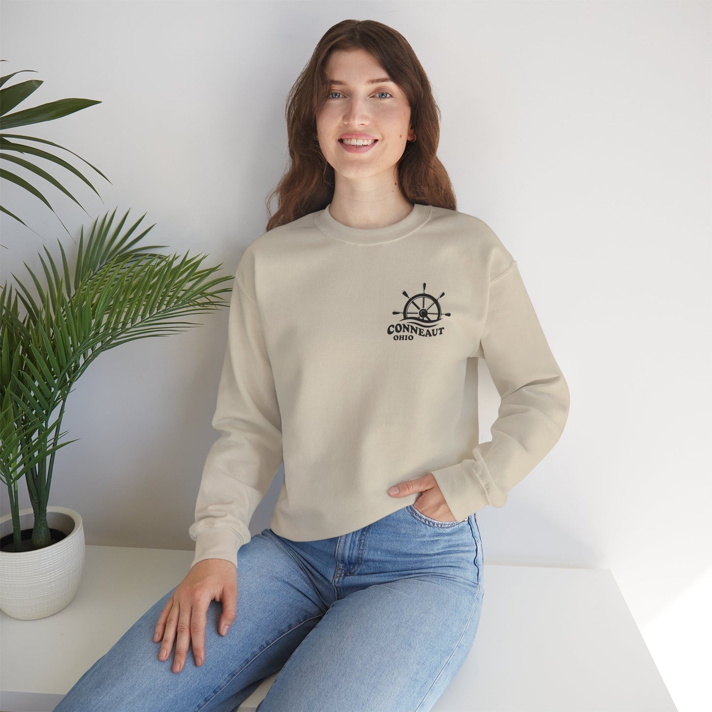 Nautical Wheel Conneaut Ohio left chest Sweatshirt, Funny Unisex Crewneck, Gift for Homeowners, Cozy Casual Wear
