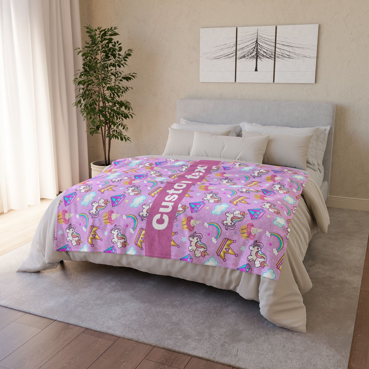 Cute Rainbow Unicorn Add Custom Text Polyester Blanket - Cozy Nature-Inspired Throw for Kids & Family