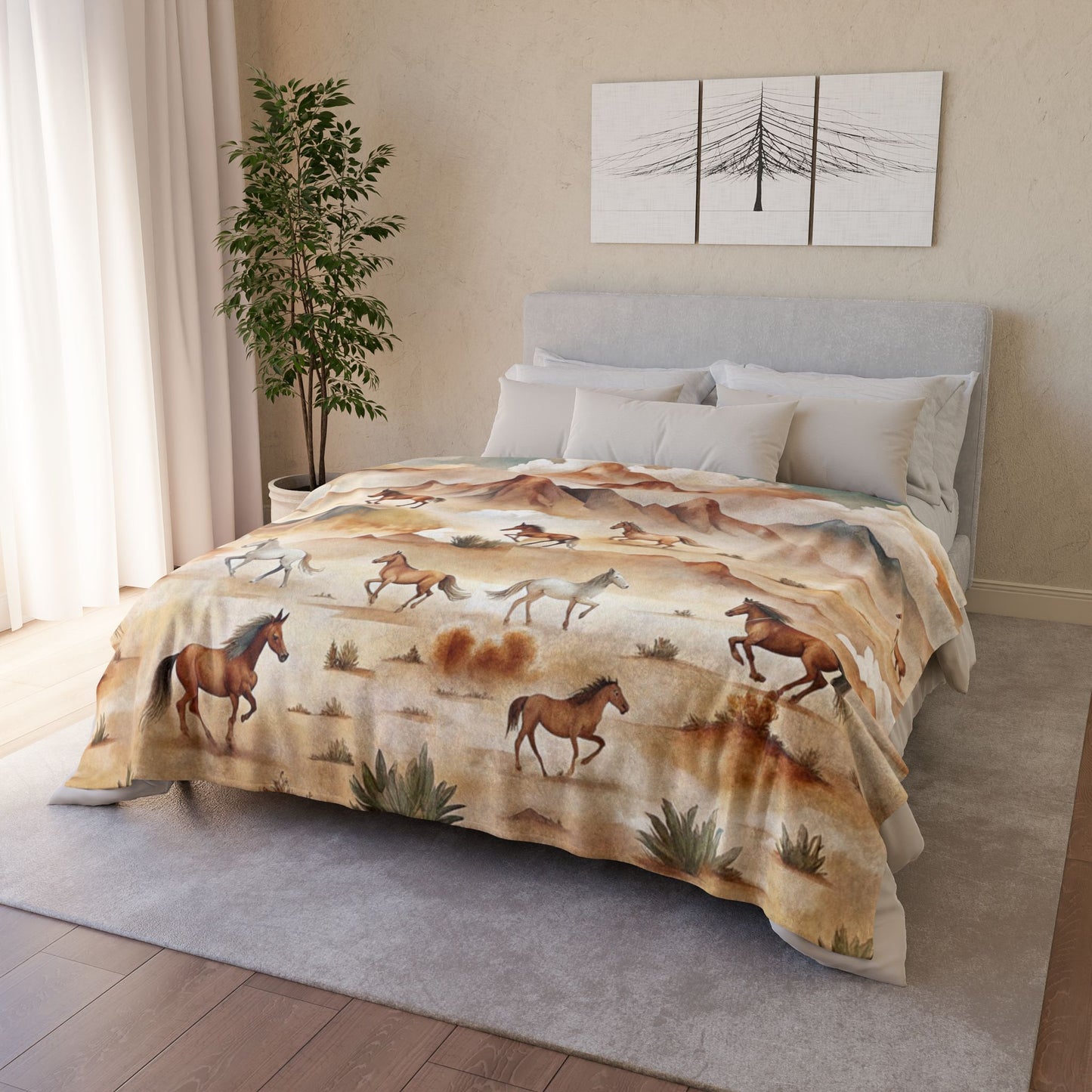 Western Wild Horses Running,,, Add Custom Text Polyester Blanket - Cozy Nature-Inspired Throw for Kids & Family