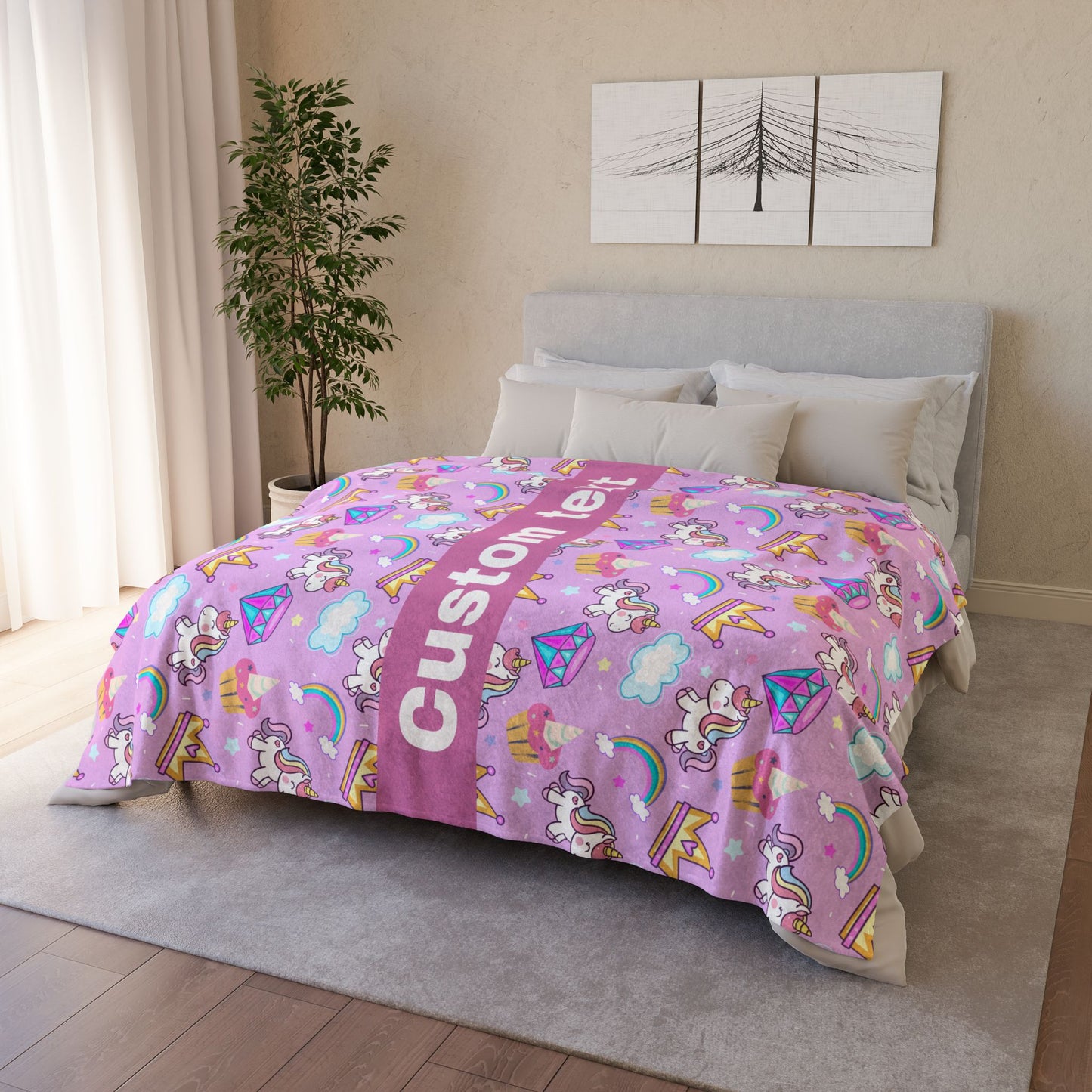 Cute Rainbow Unicorn Add Custom Text Polyester Blanket - Cozy Nature-Inspired Throw for Kids & Family