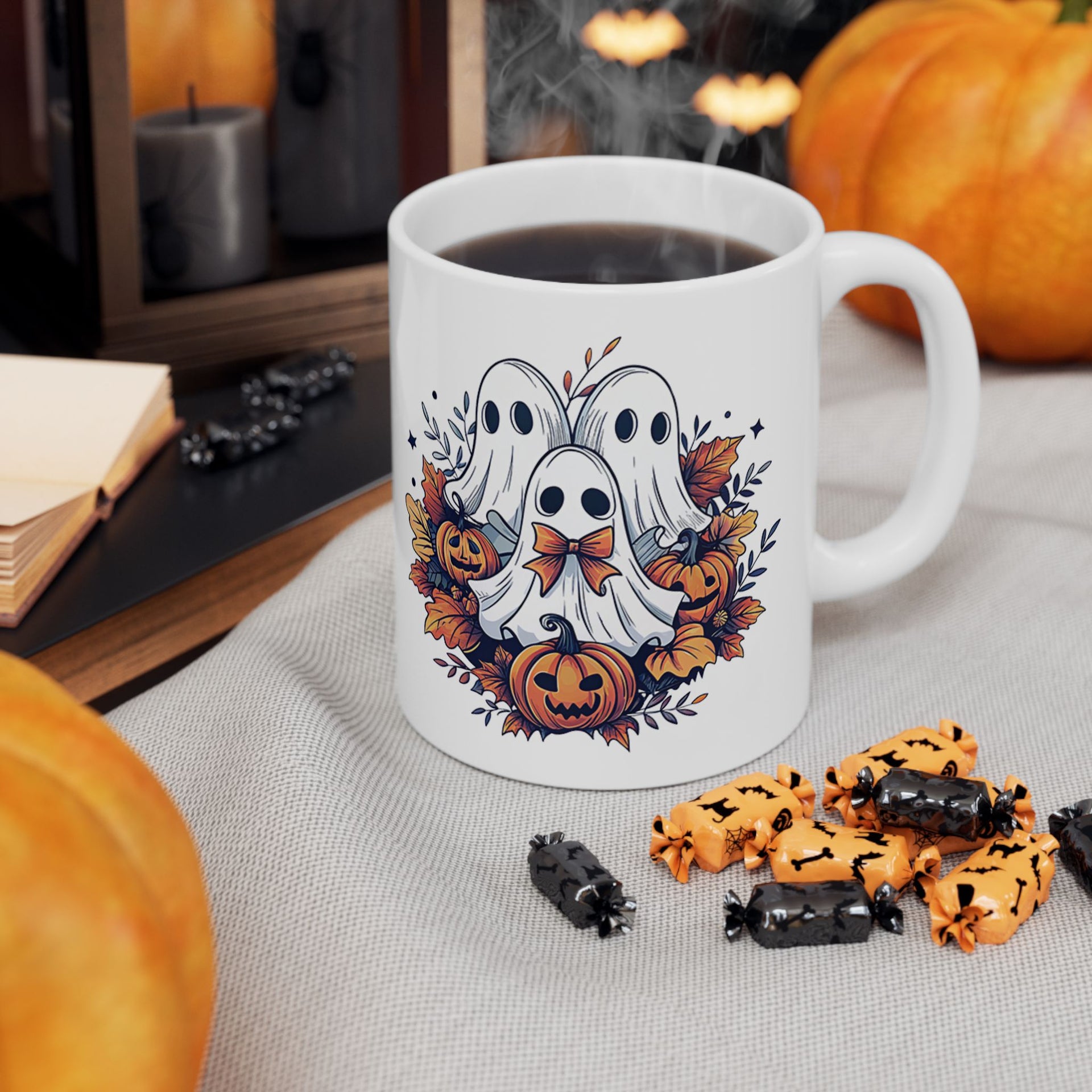 Retro Fall Ghost Ceramic Mug (11oz, 15oz) - Halloween Cup