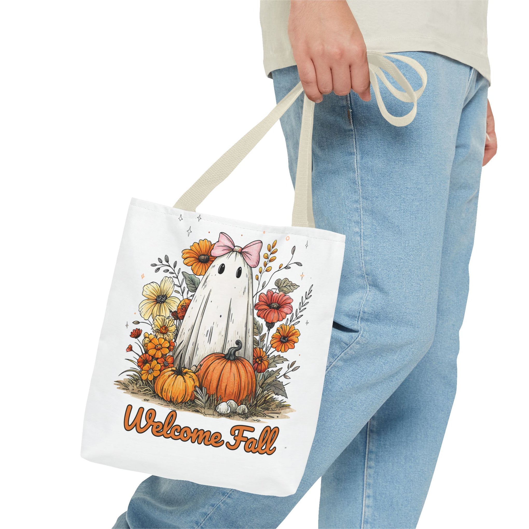Welcome Fall Ghost, Floral Pumpkin Bag
