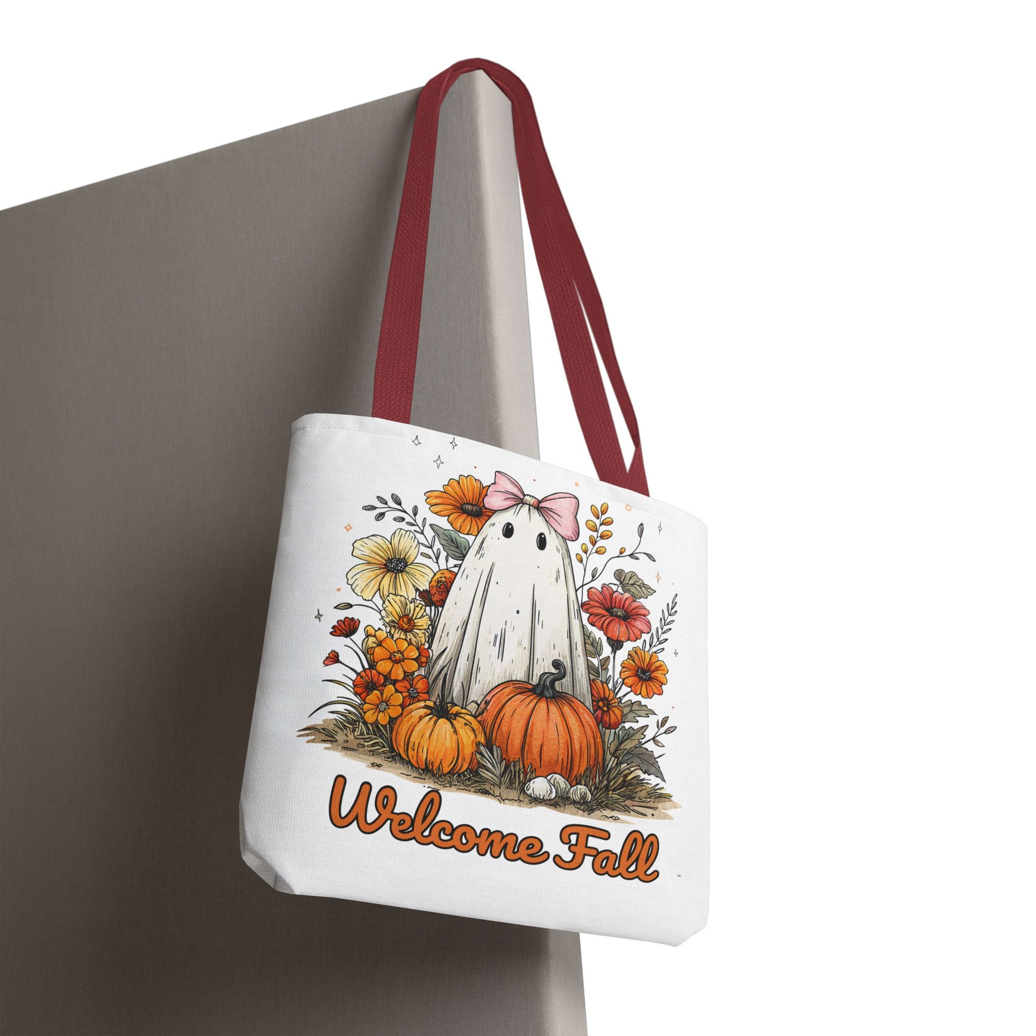 Welcome Fall Ghost, Floral Pumpkin Bag