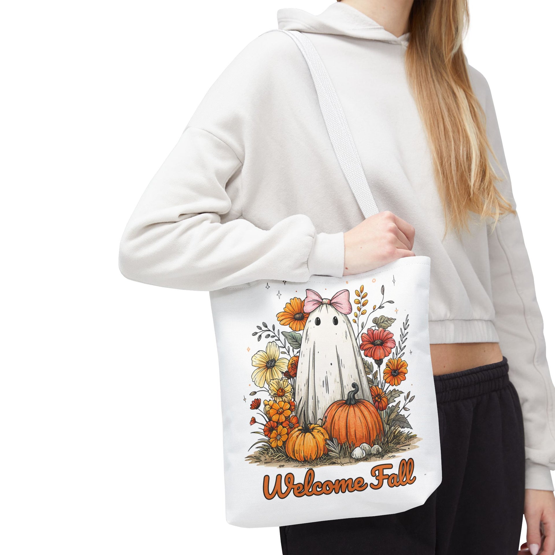 Welcome Fall Ghost, Floral Pumpkin Bag