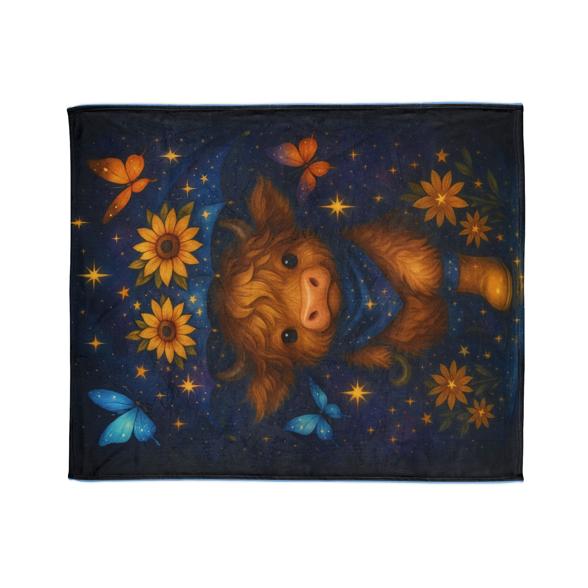 Custom Polyester Blanket, Galaxy Cow Surrounded by glowing starflowers, with space butterflies, Celestial, vibrant, and trendy with younger crowds, 3 sizes to choose from - Cozy Nature-Inspired Throw for Kids & Family