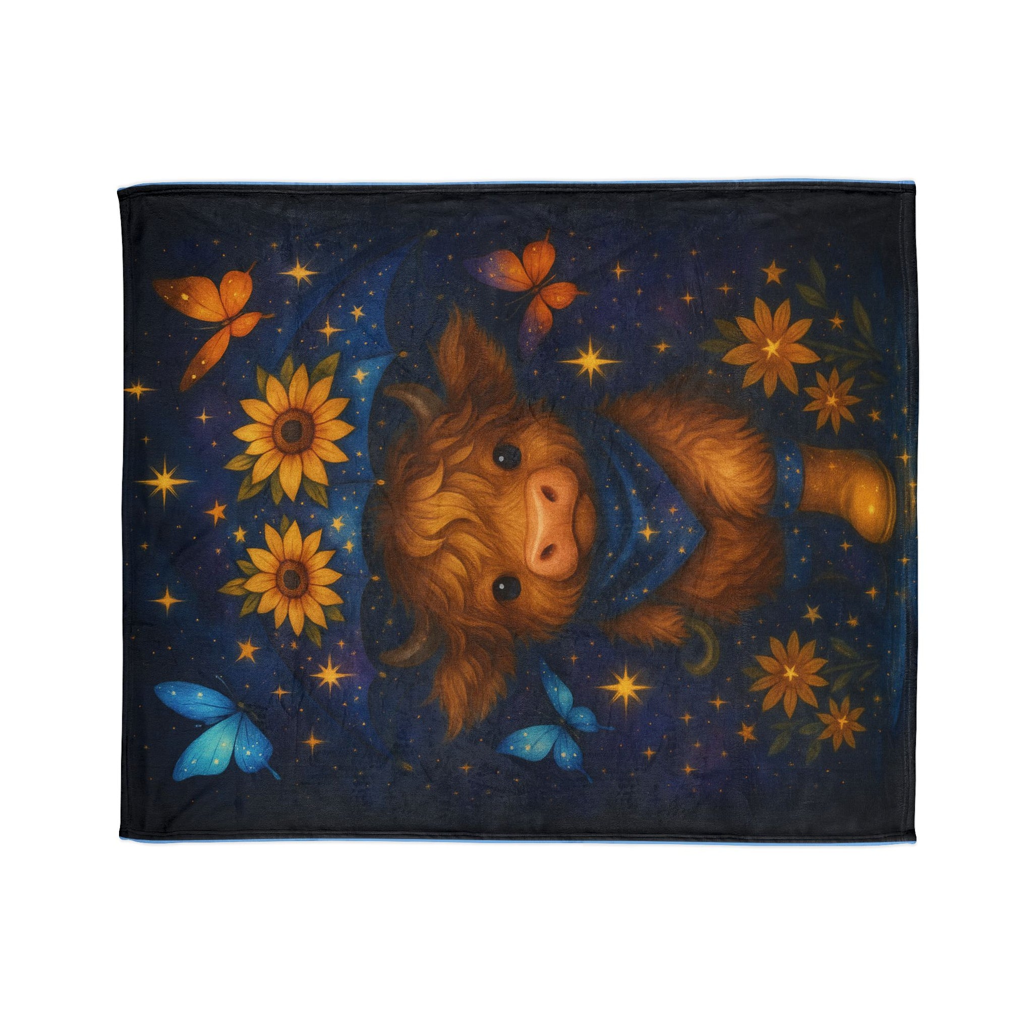 Custom Polyester Blanket, Galaxy Cow Surrounded by glowing starflowers, with space butterflies, Celestial, vibrant, and trendy with younger crowds, 3 sizes to choose from - Cozy Nature-Inspired Throw for Kids & Family