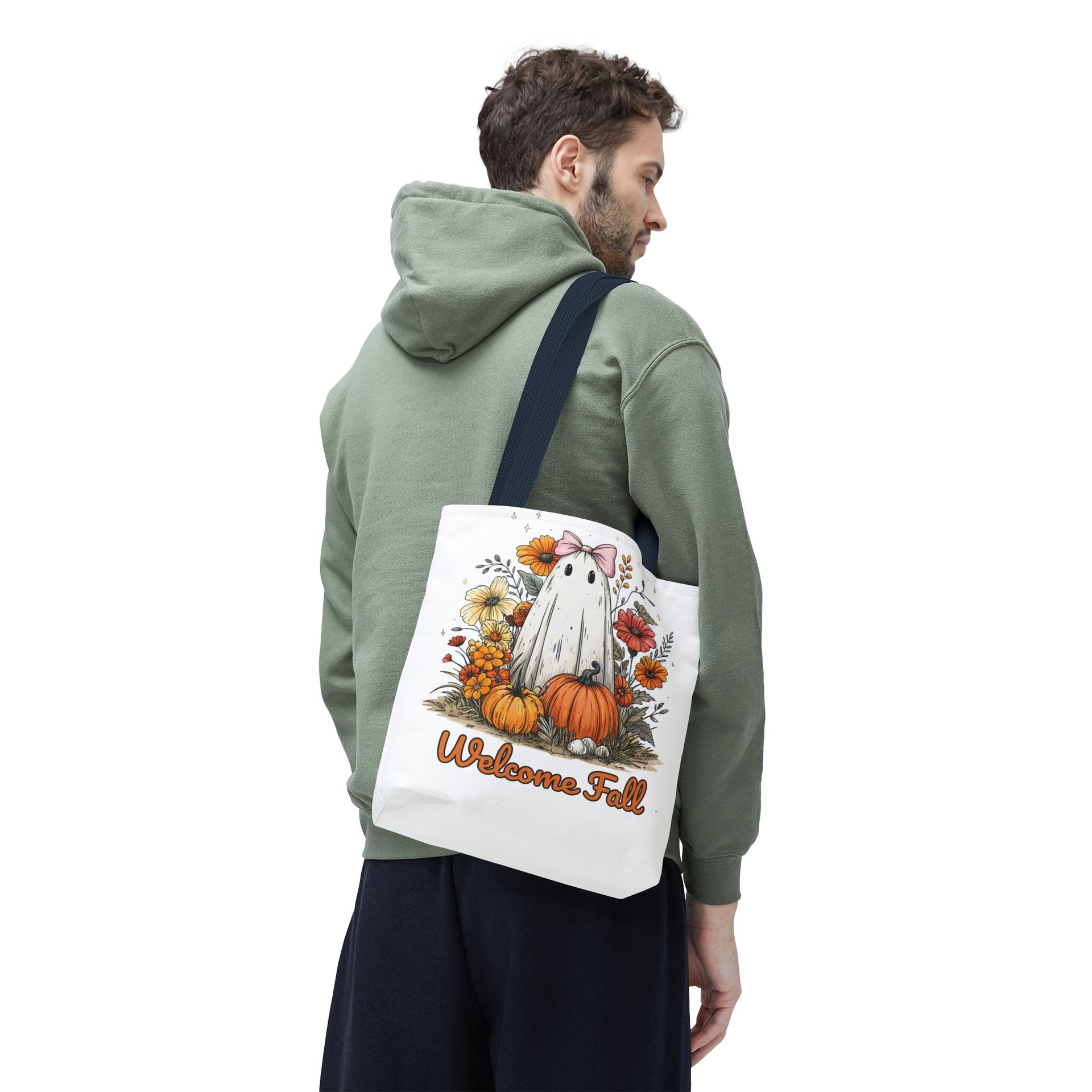 Welcome Fall Ghost, Floral Pumpkin Bag
