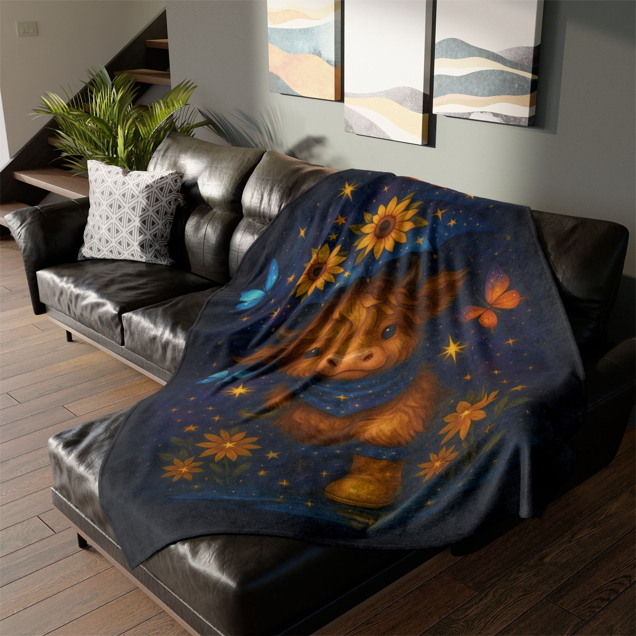 Custom Polyester Blanket, Galaxy Cow Surrounded by glowing starflowers, with space butterflies, Celestial, vibrant, and trendy with younger crowds, 3 sizes to choose from - Cozy Nature-Inspired Throw for Kids & Family