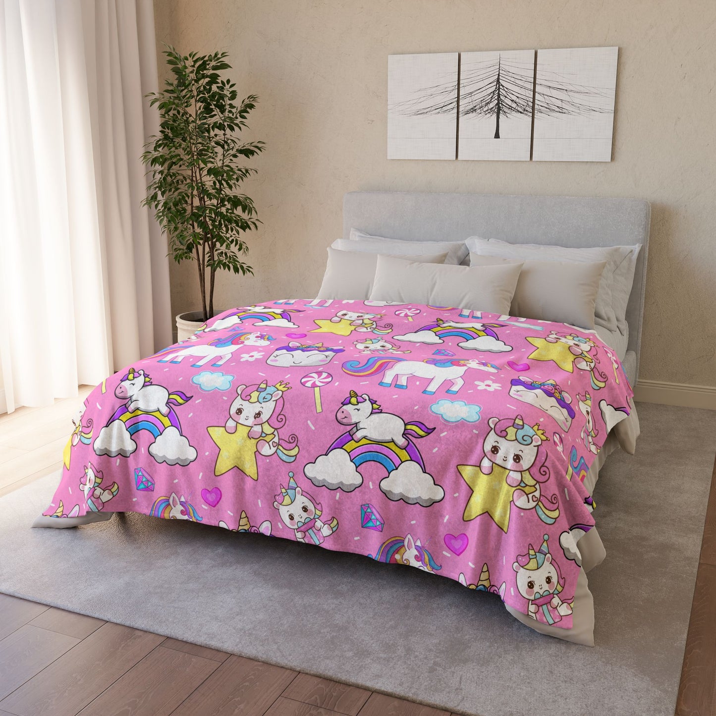 Rainbow Unicorn Stars Candy Cloud Birthday Cake Polyester Blanket - Cozy Nature-Inspired Throw for Kids & Family