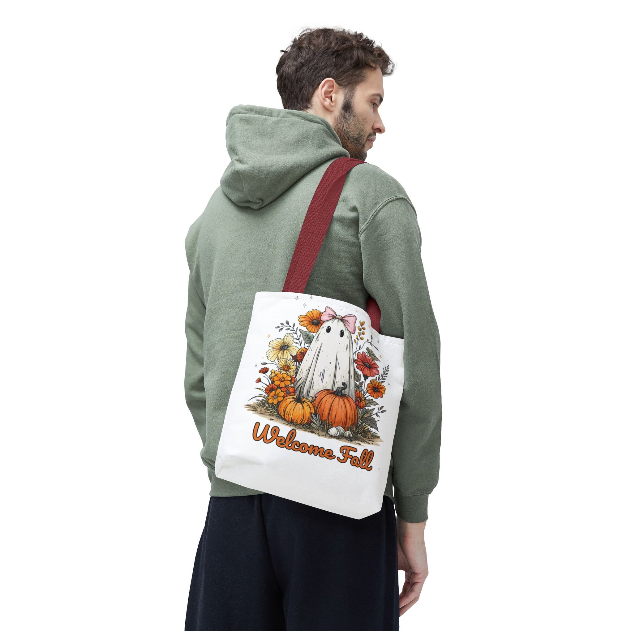 Welcome Fall Ghost, Floral Pumpkin Bag