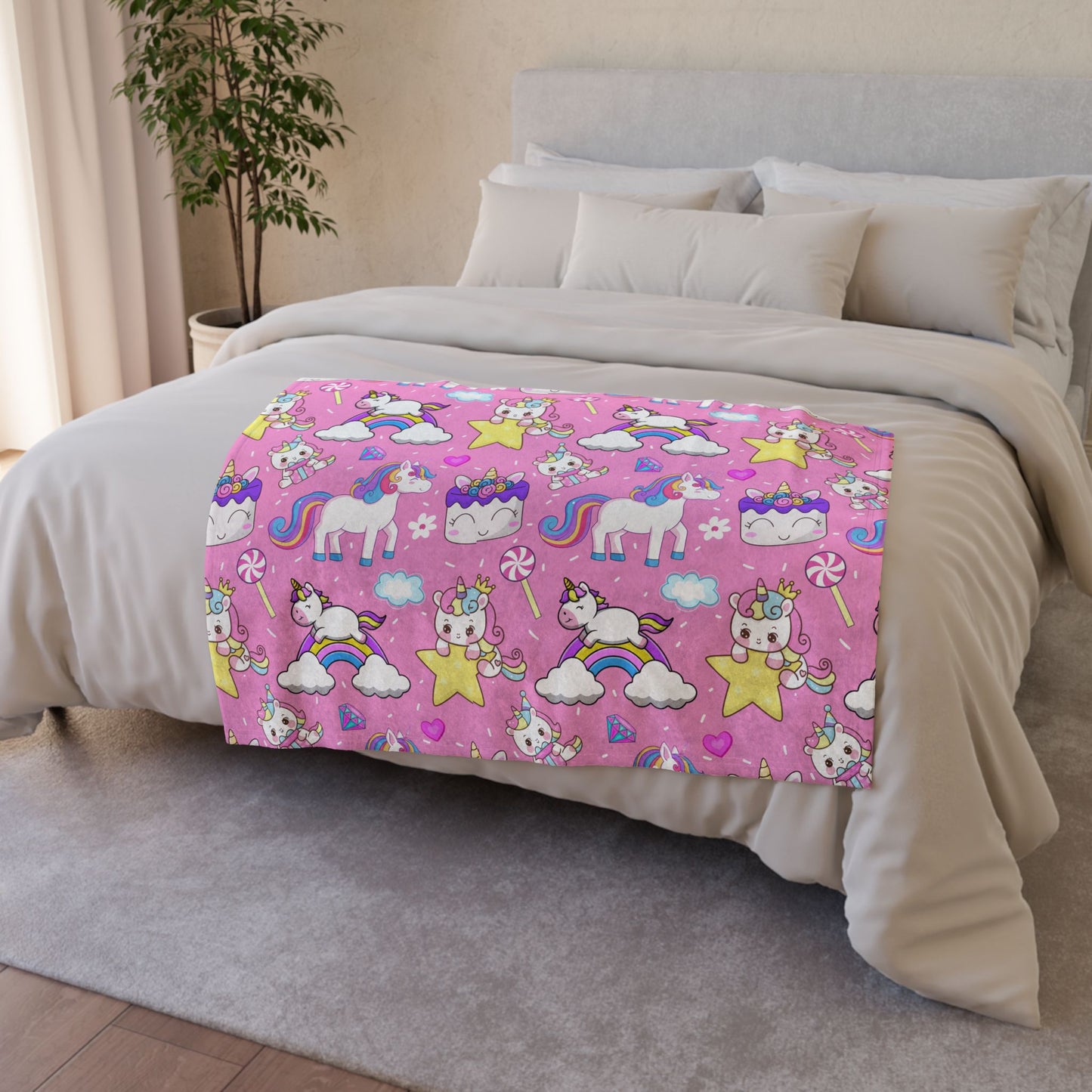 Rainbow Unicorn Stars Candy Cloud Birthday Cake Polyester Blanket - Cozy Nature-Inspired Throw for Kids & Family