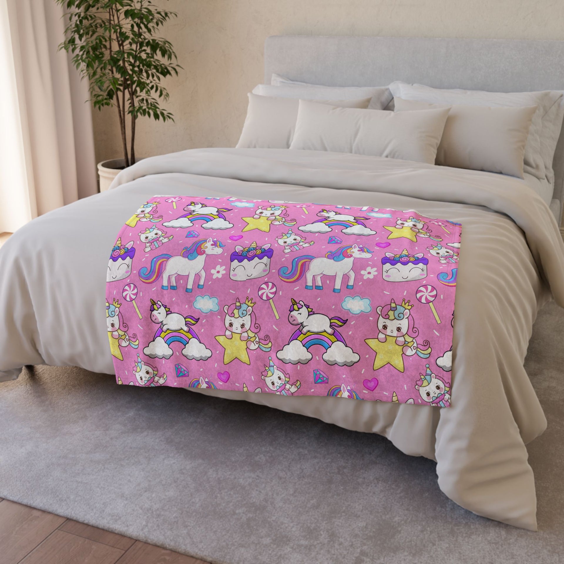 Rainbow Unicorn Stars Candy Cloud Birthday Cake Polyester Blanket - Cozy Nature-Inspired Throw for Kids & Family