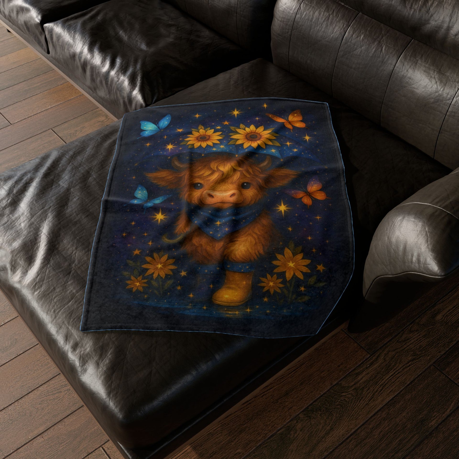 Custom Polyester Blanket, Galaxy Cow Surrounded by glowing starflowers, with space butterflies, Celestial, vibrant, and trendy with younger crowds, 3 sizes to choose from - Cozy Nature-Inspired Throw for Kids & Family