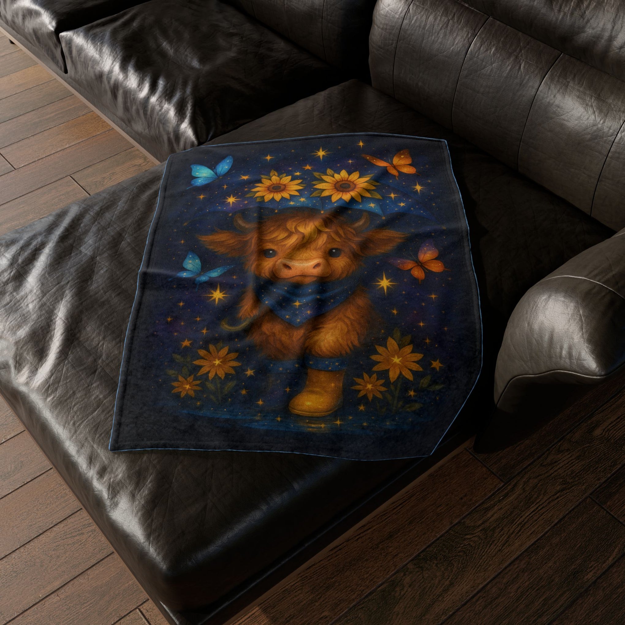 Custom Polyester Blanket, Galaxy Cow Surrounded by glowing starflowers, with space butterflies, Celestial, vibrant, and trendy with younger crowds, 3 sizes to choose from - Cozy Nature-Inspired Throw for Kids & Family