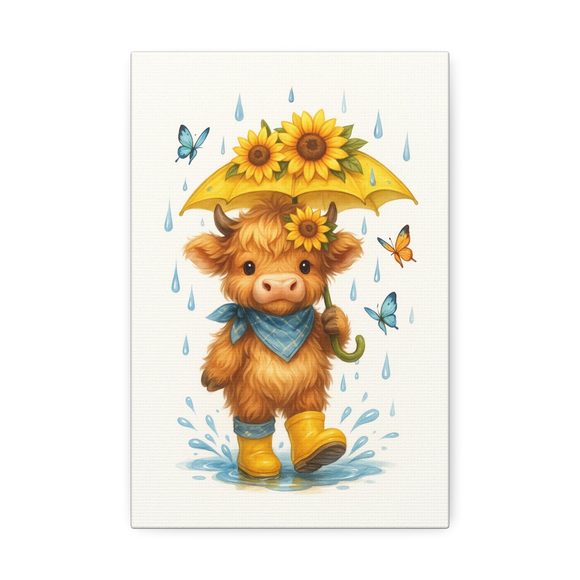 12x8 - 12x16 - 20x16 Highland Cow out in the rain with cute sunflower umbrellas and colorful butterflies Canvas Art - 1.5' Stretched Wall Décor