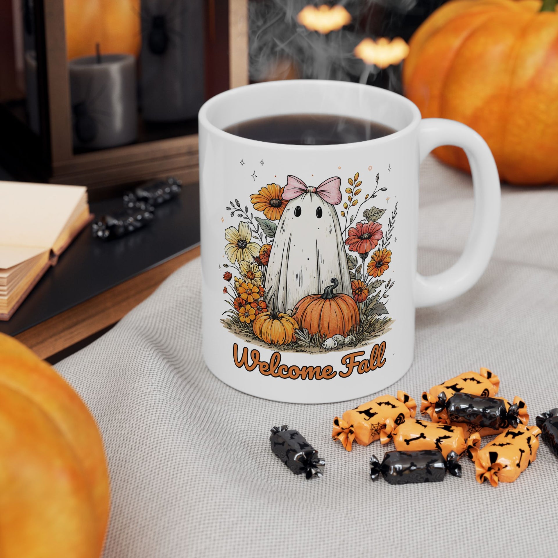 Welcome Fall Ghost, Floral Pumpkin Cup