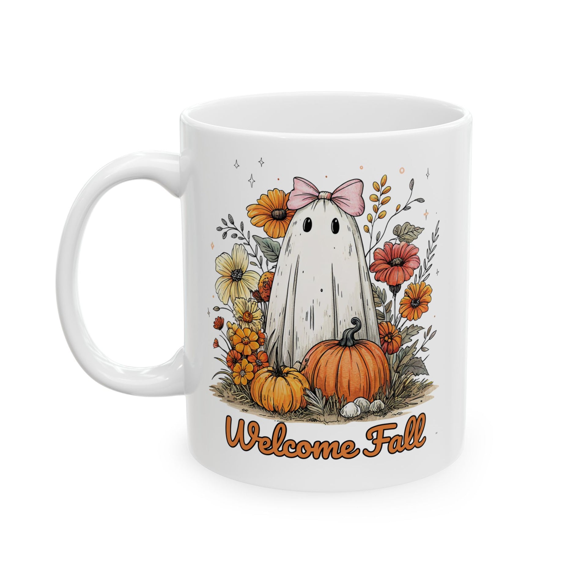 Welcome Fall Ghost, Floral Pumpkin Cup