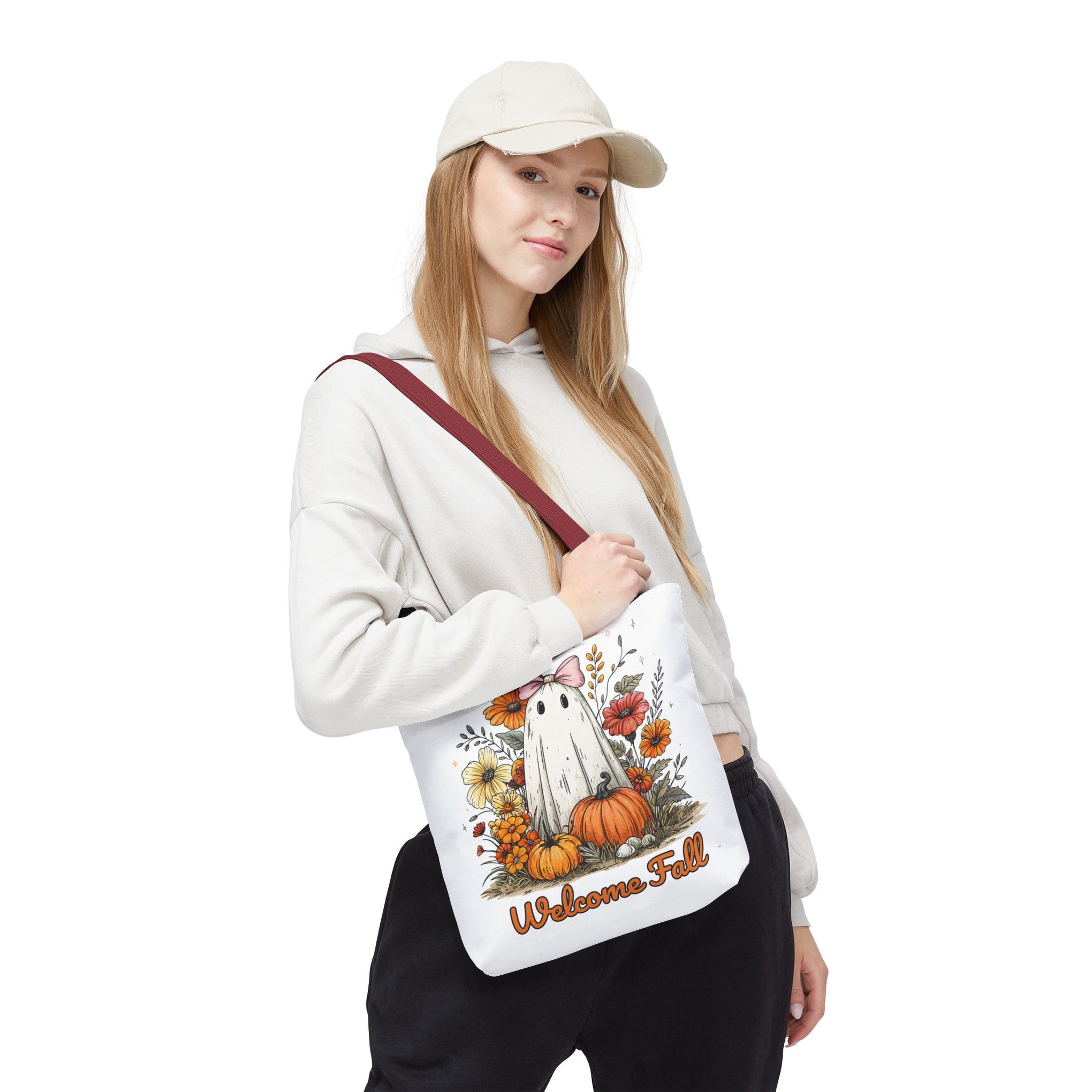 Welcome Fall Ghost, Floral Pumpkin Bag