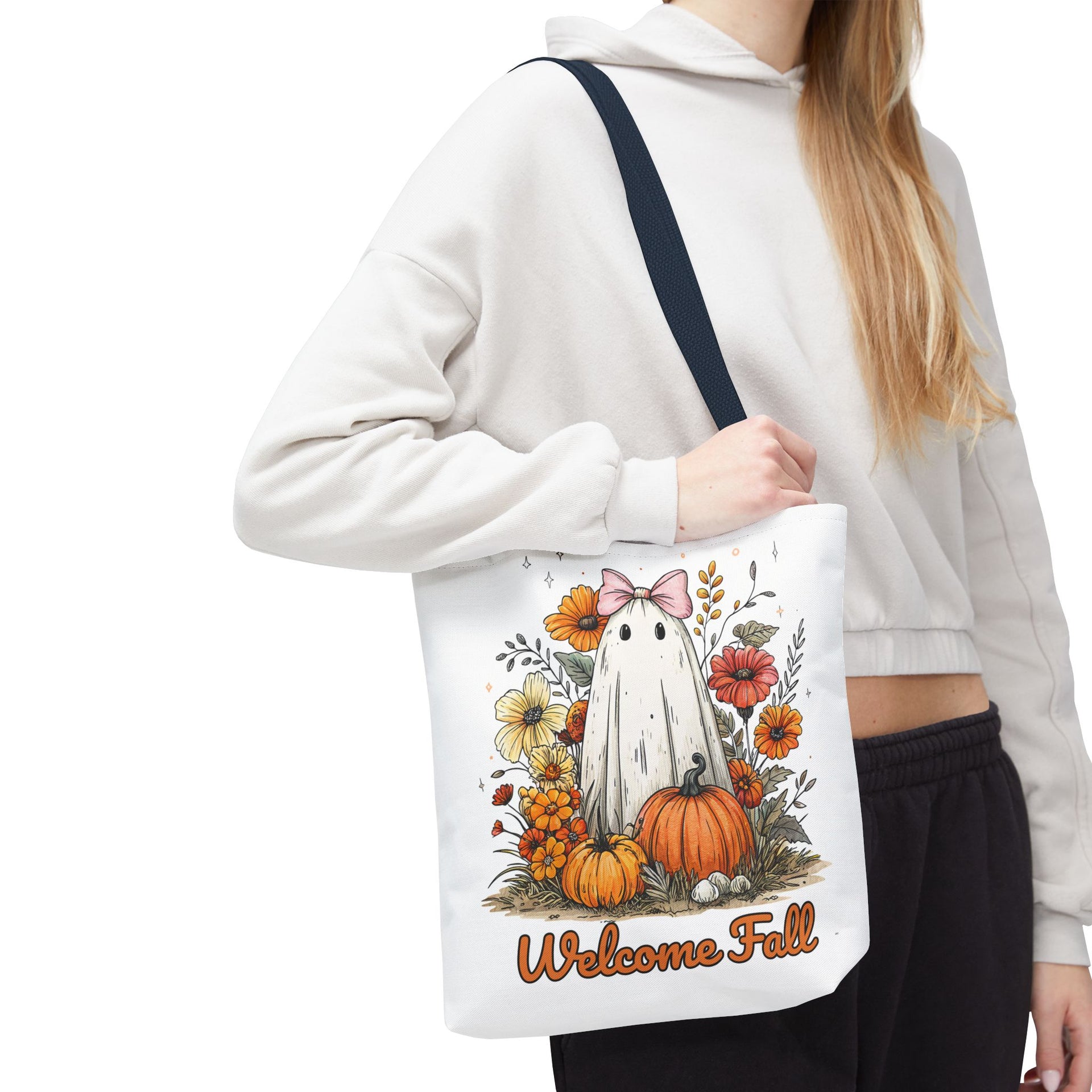 Welcome Fall Ghost, Floral Pumpkin Bag