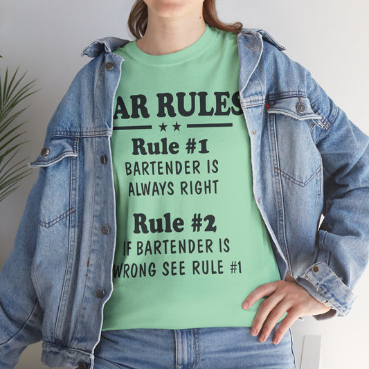 Bar Rules, Rule 1 Bartender is always right Rule 2 If Bartender is wrong see rule one, funny shirt, Tee Shirt, Unisex Cotton Shirt, Cozy Family Tee