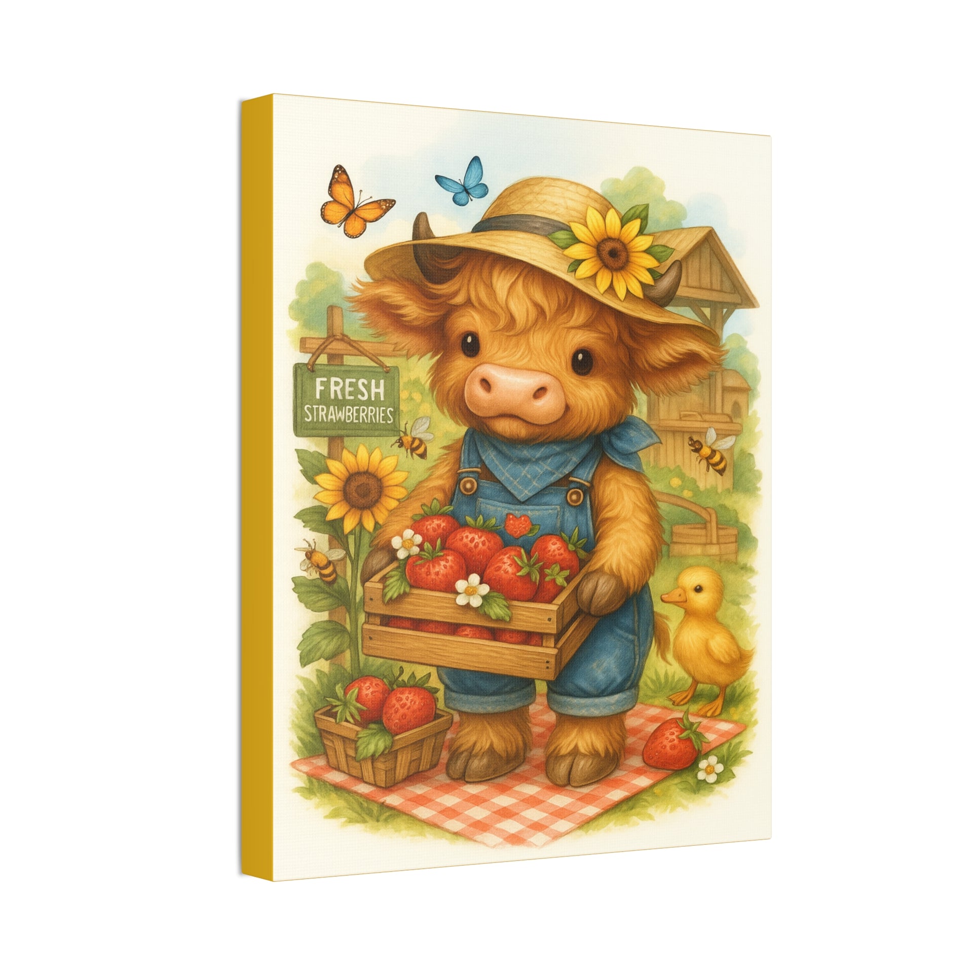 12x8 - 12x16 - 20x16  Farmer’s Market Cow 🍓 Holding a crate of veggies or strawberries  Cow in overalls or apron—playful and perfect for summer merch. Canvas Art - 1.5' Stretched Wall Décor