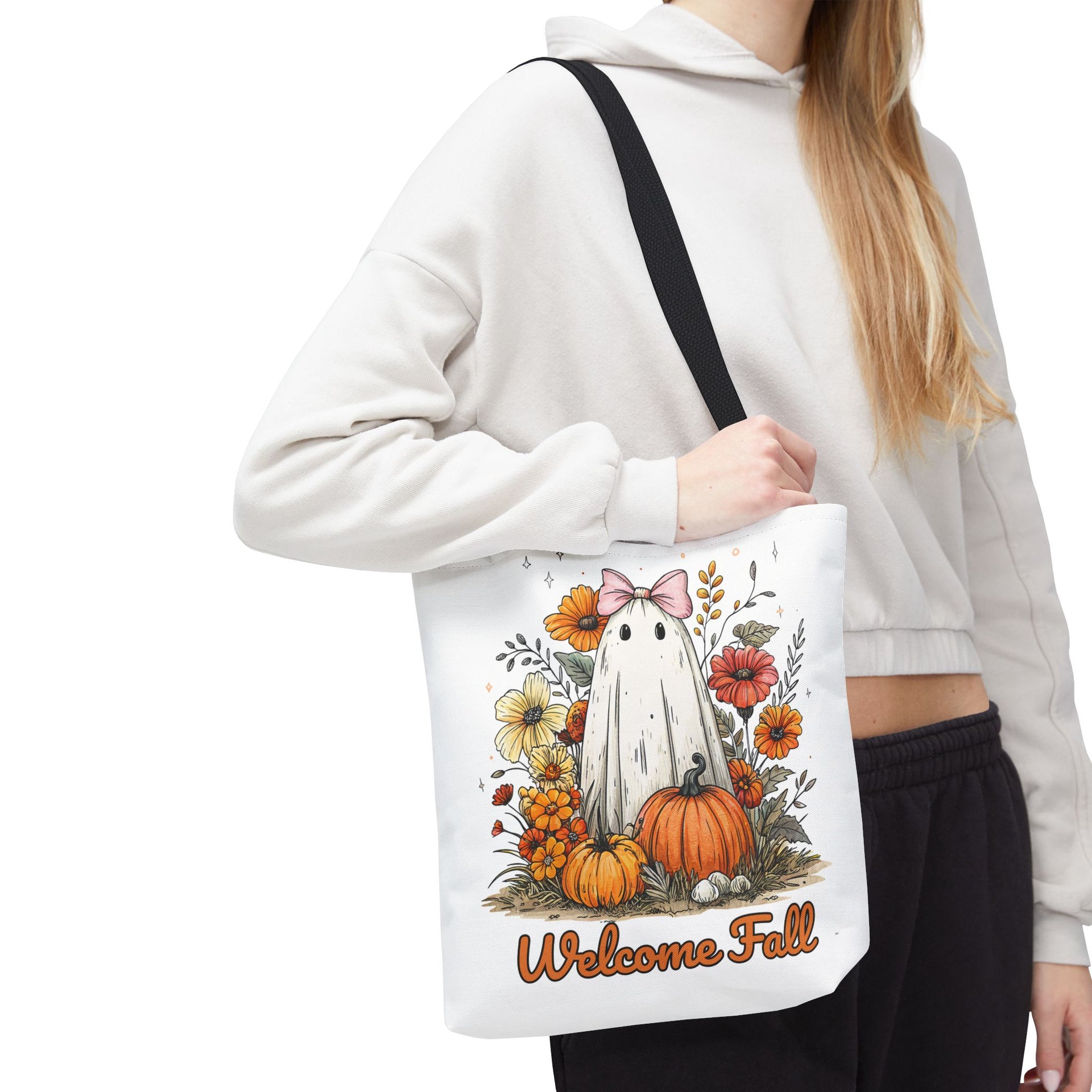Welcome Fall Ghost, Floral Pumpkin Bag