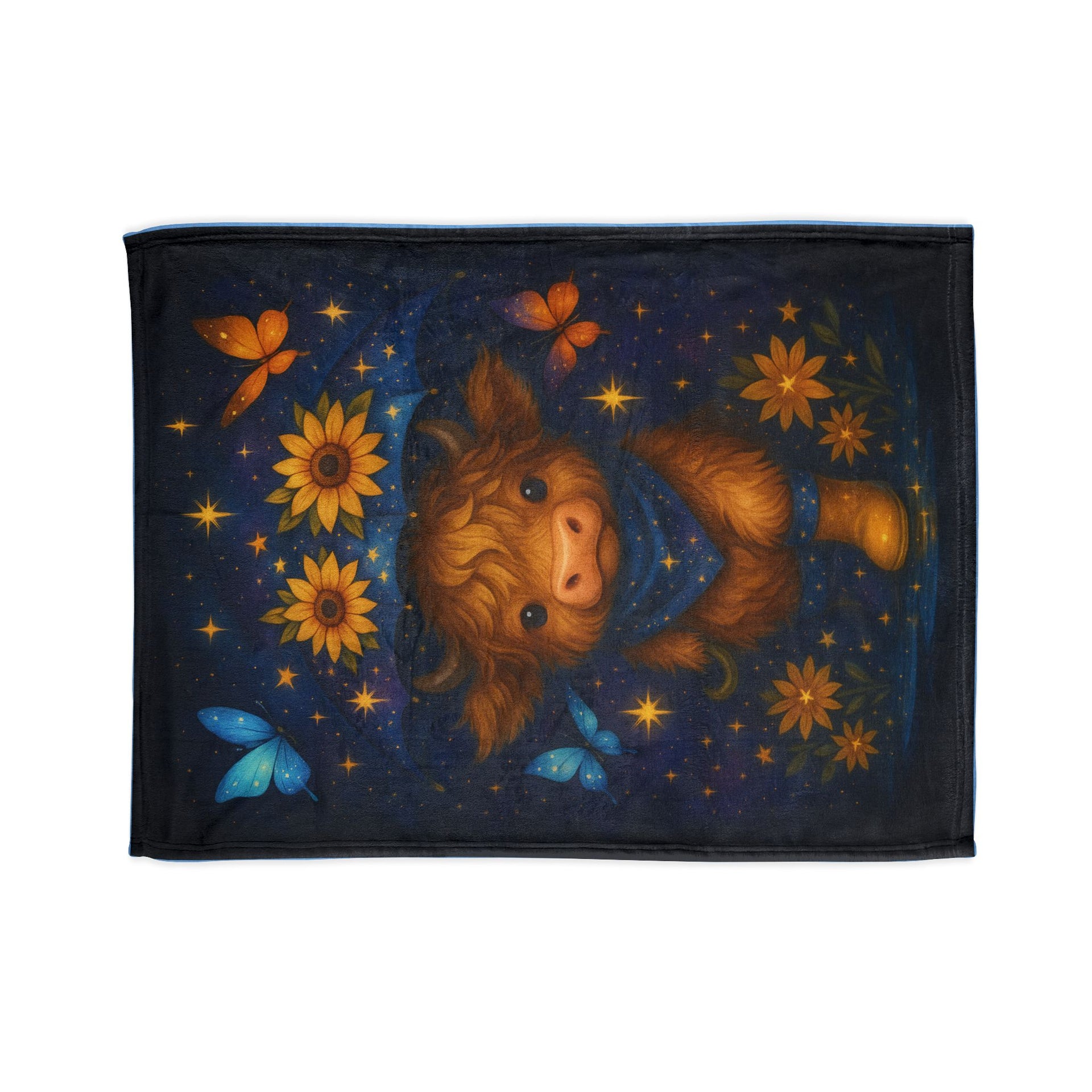 Custom Polyester Blanket, Galaxy Cow Surrounded by glowing starflowers, with space butterflies, Celestial, vibrant, and trendy with younger crowds, 3 sizes to choose from - Cozy Nature-Inspired Throw for Kids & Family
