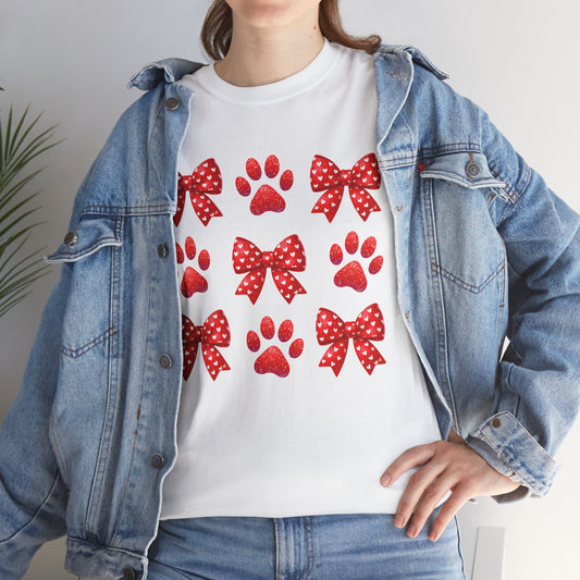 Coquette Bow Cat Dog Paws Valentine's Day, Tee Shirt, Valentine's Day Holiday Gift, Unisex Cotton Shirt, Movie Lovers Apparel, Cozy Family Tee