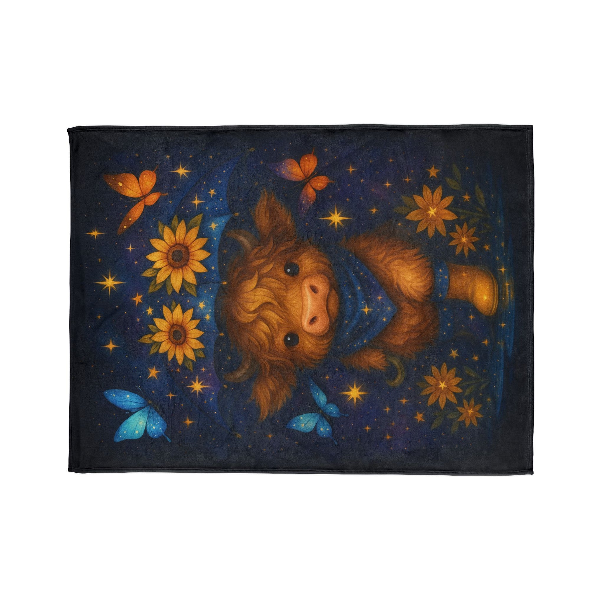 Custom Polyester Blanket, Galaxy Cow Surrounded by glowing starflowers, with space butterflies, Celestial, vibrant, and trendy with younger crowds, 3 sizes to choose from - Cozy Nature-Inspired Throw for Kids & Family