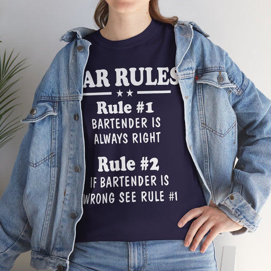 Bar Rules, Rule 1 Bartender is always right Rule 2 If Bartender is wrong see rule one, funny shirt, Tee Shirt, Unisex Cotton Shirt, Cozy Family Tee