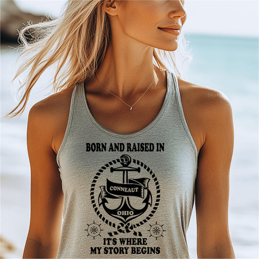 Women's Racerback Tank - Born and Raised Conneaut Ohio It's where my story begins anchor, boat wheel