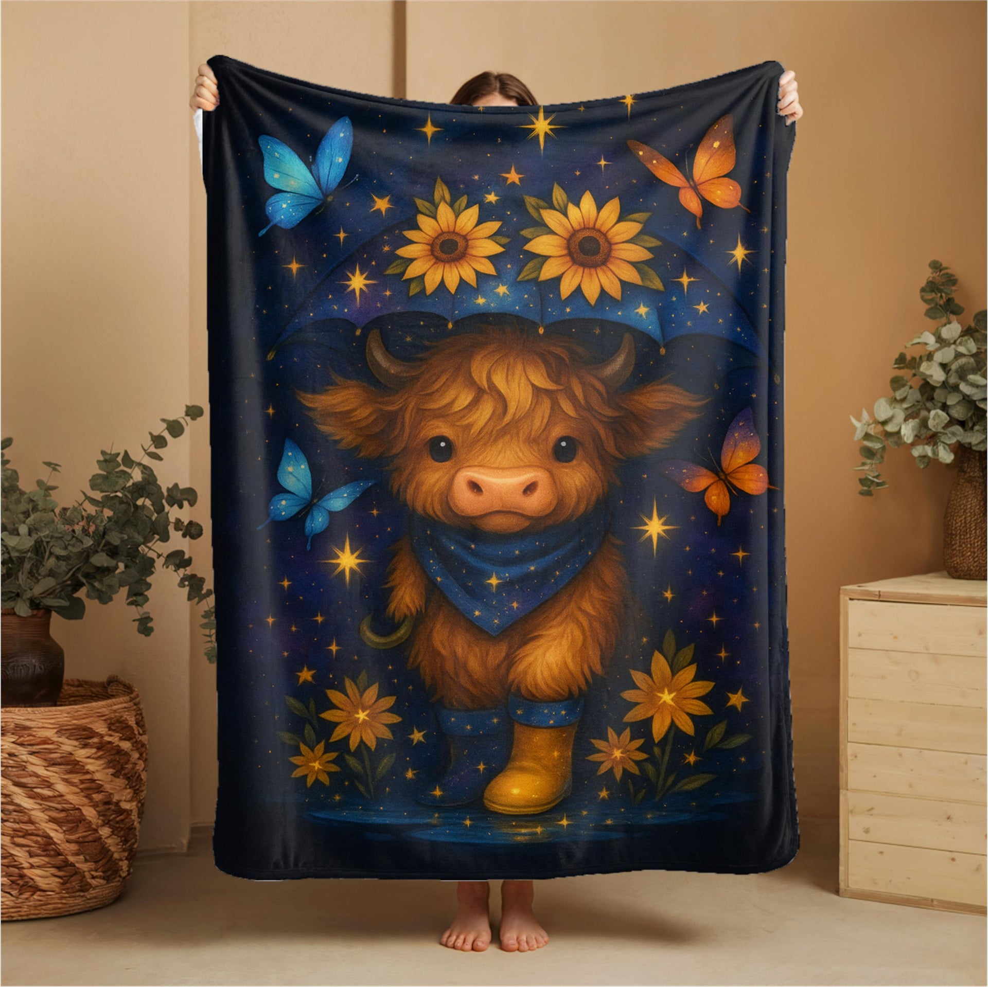 Custom Polyester Blanket, Galaxy Cow Surrounded by glowing starflowers, with space butterflies, Celestial, vibrant, and trendy with younger crowds, 3 sizes to choose from - Cozy Nature-Inspired Throw for Kids & Family
