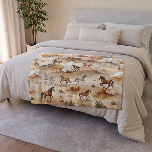 Western Wild Horses Running,,, Add Custom Text Polyester Blanket - Cozy Nature-Inspired Throw for Kids & Family