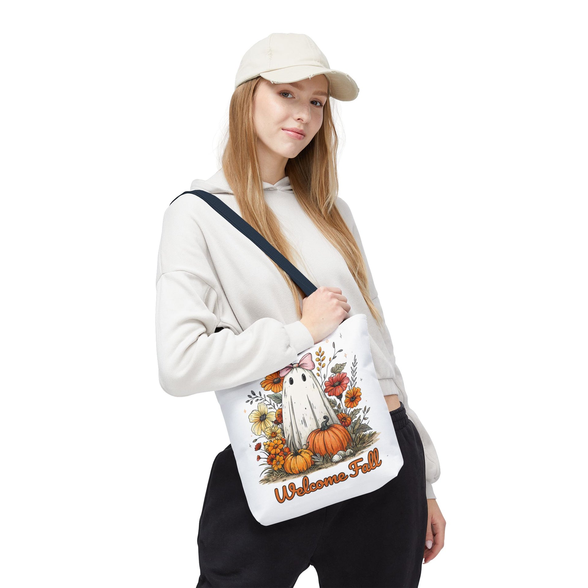 Welcome Fall Ghost, Floral Pumpkin Bag