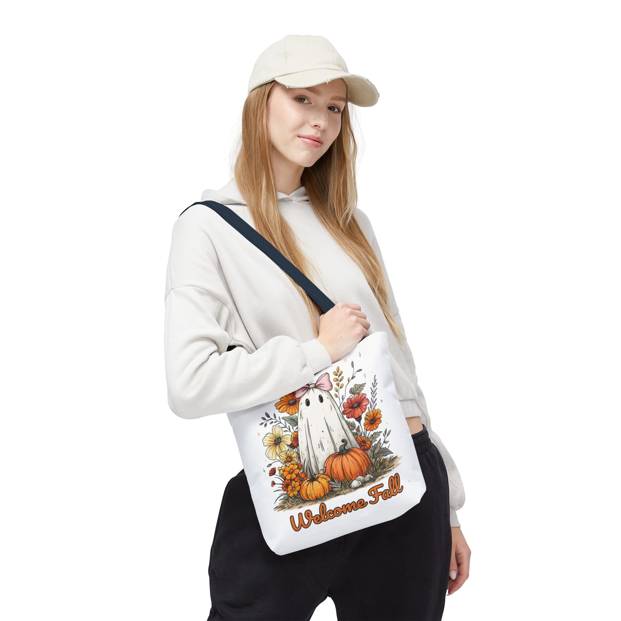 Welcome Fall Ghost, Floral Pumpkin Bag