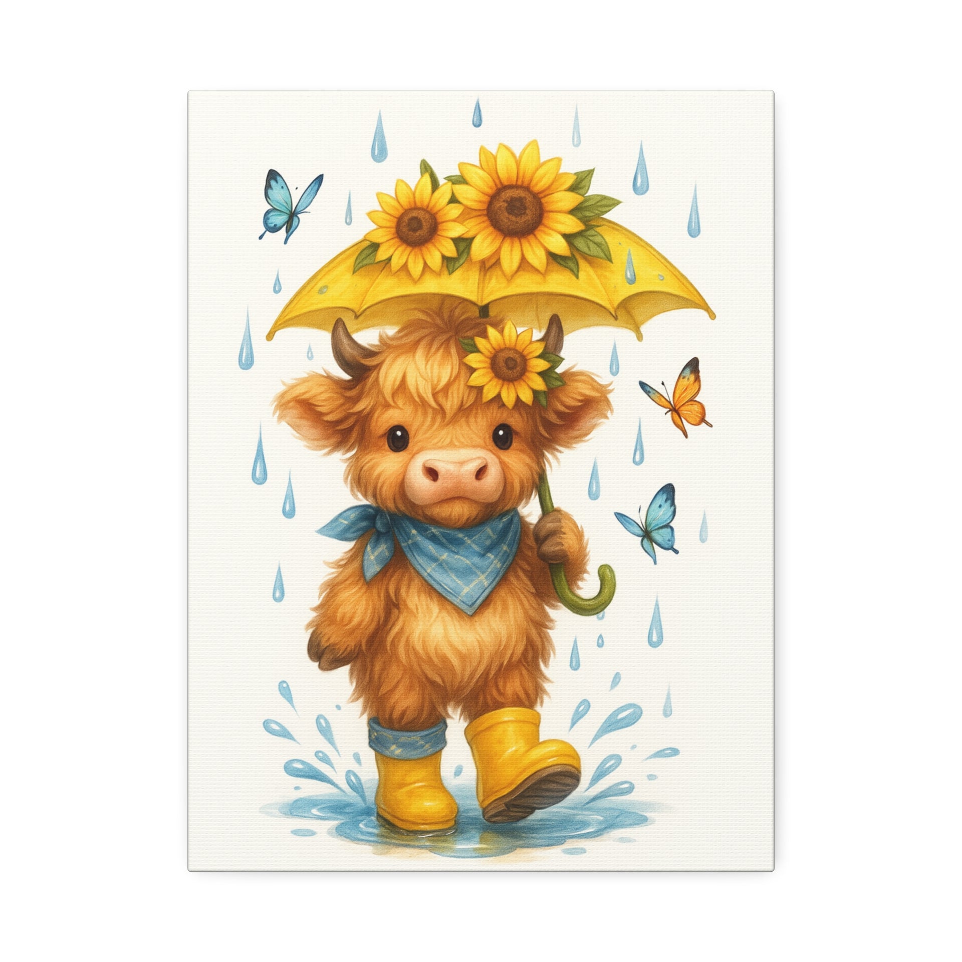 12x8 - 12x16 - 20x16 Highland Cow out in the rain with cute sunflower umbrellas and colorful butterflies Canvas Art - 1.5' Stretched Wall Décor
