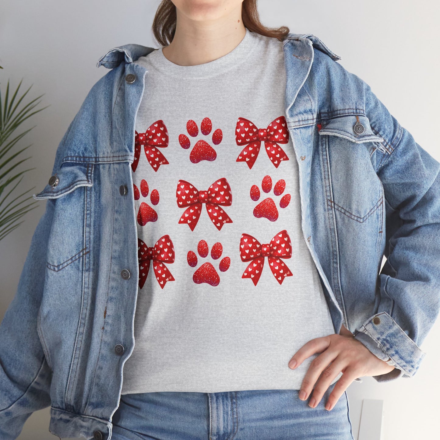 Coquette Bow Cat Dog Paws Valentine's Day, Tee Shirt, Valentine's Day Holiday Gift, Unisex Cotton Shirt, Movie Lovers Apparel, Cozy Family Tee