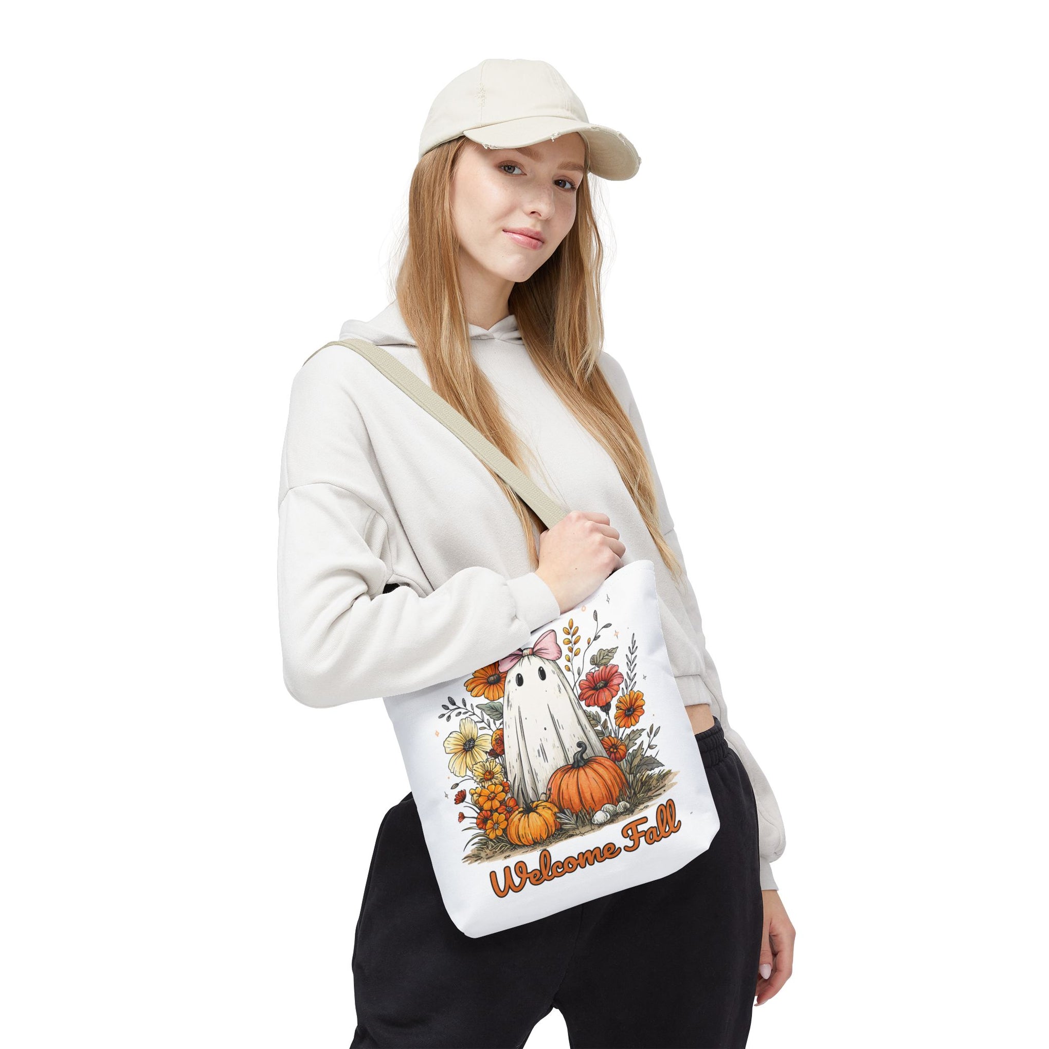 Welcome Fall Ghost, Floral Pumpkin Bag