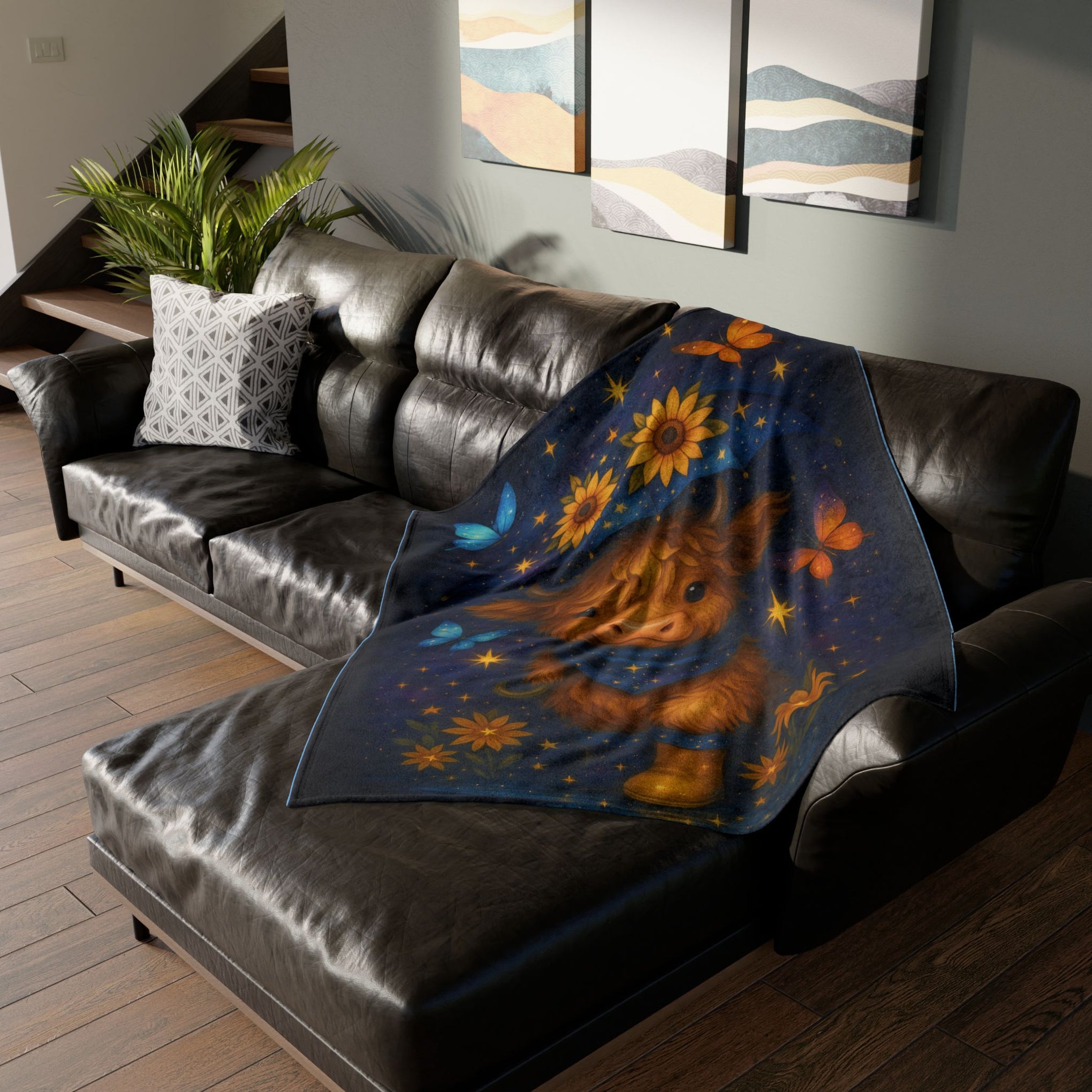 Custom Polyester Blanket, Galaxy Cow Surrounded by glowing starflowers, with space butterflies, Celestial, vibrant, and trendy with younger crowds, 3 sizes to choose from - Cozy Nature-Inspired Throw for Kids & Family