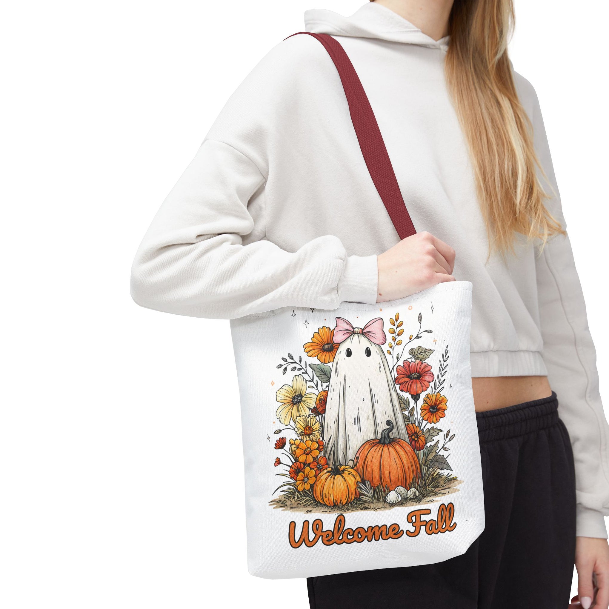 Welcome Fall Ghost, Floral Pumpkin Bag