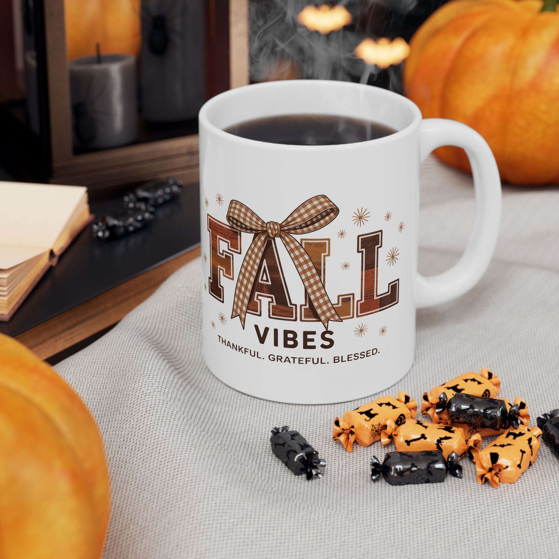 Fall Vibes, Thankful - Grateful - Blessed, Fall Cup  , Fall, Autumn Shirt, Halloween Shirt Ceramic Mug (11oz, 15oz) - Halloween Cup