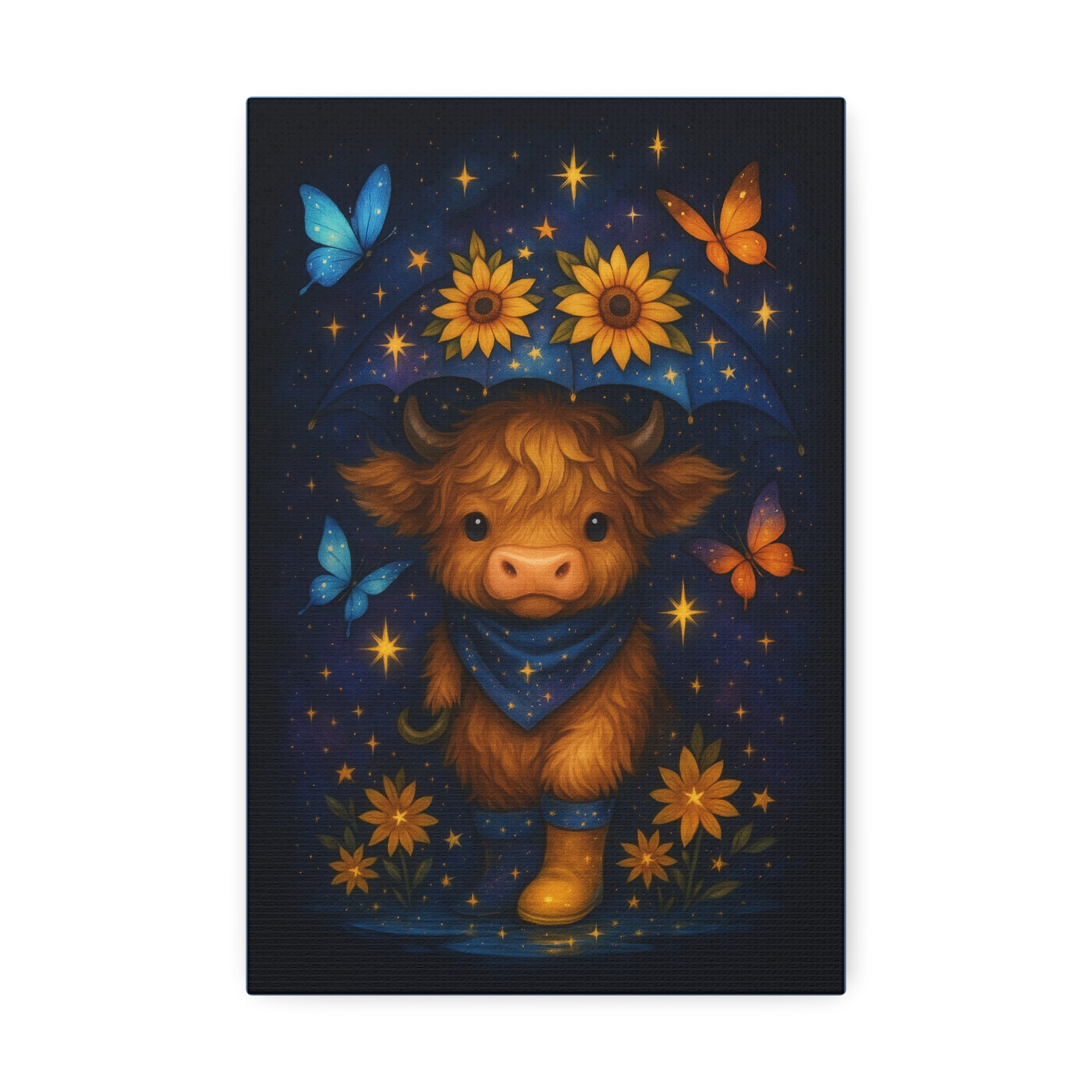 12x8 - 12x16 - 20x16  Galaxy Cow Surrounded by glowing starflowers, with space butterflies, Celestial, vibrant, and trendy with younger crowds. Canvas Art - 1.5' Stretched Wall Décor