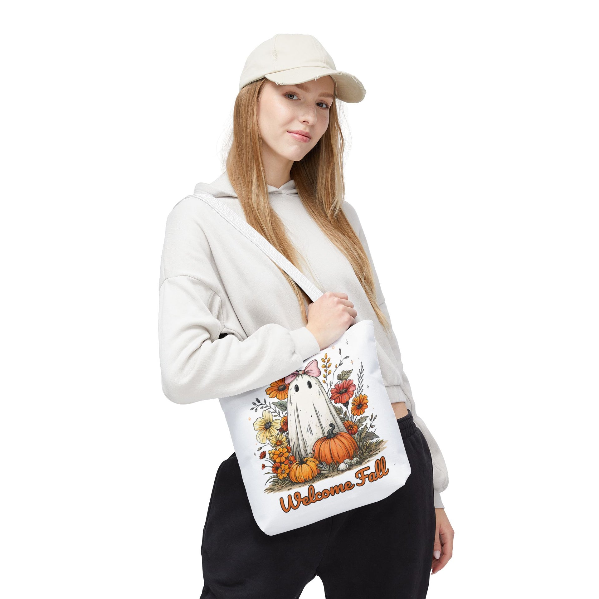 Welcome Fall Ghost, Floral Pumpkin Bag