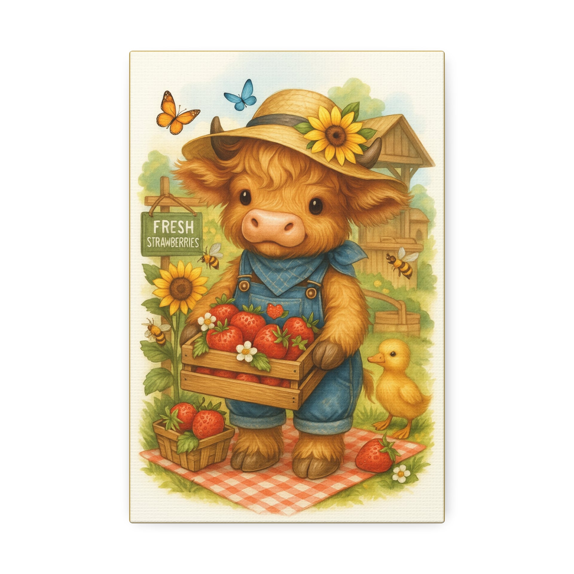 12x8 - 12x16 - 20x16  Farmer’s Market Cow 🍓 Holding a crate of veggies or strawberries  Cow in overalls or apron—playful and perfect for summer merch. Canvas Art - 1.5' Stretched Wall Décor