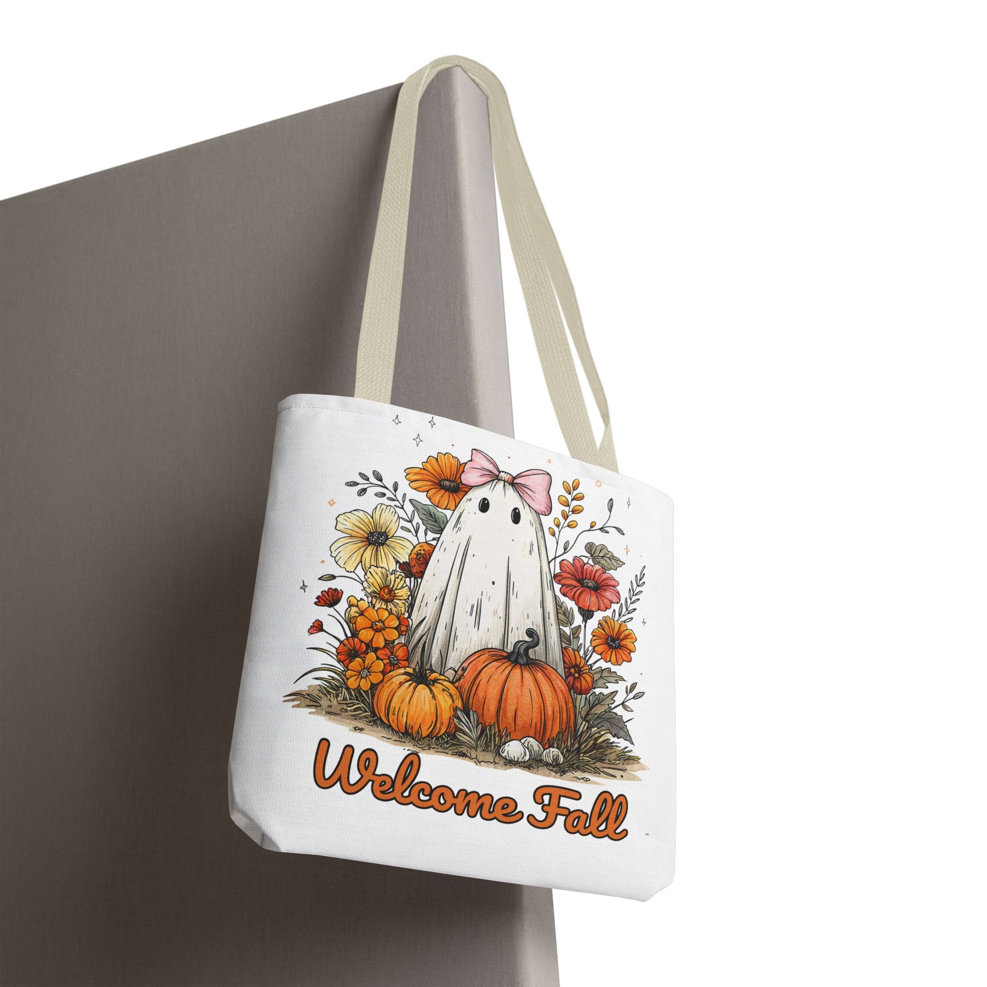 Welcome Fall Ghost, Floral Pumpkin Bag
