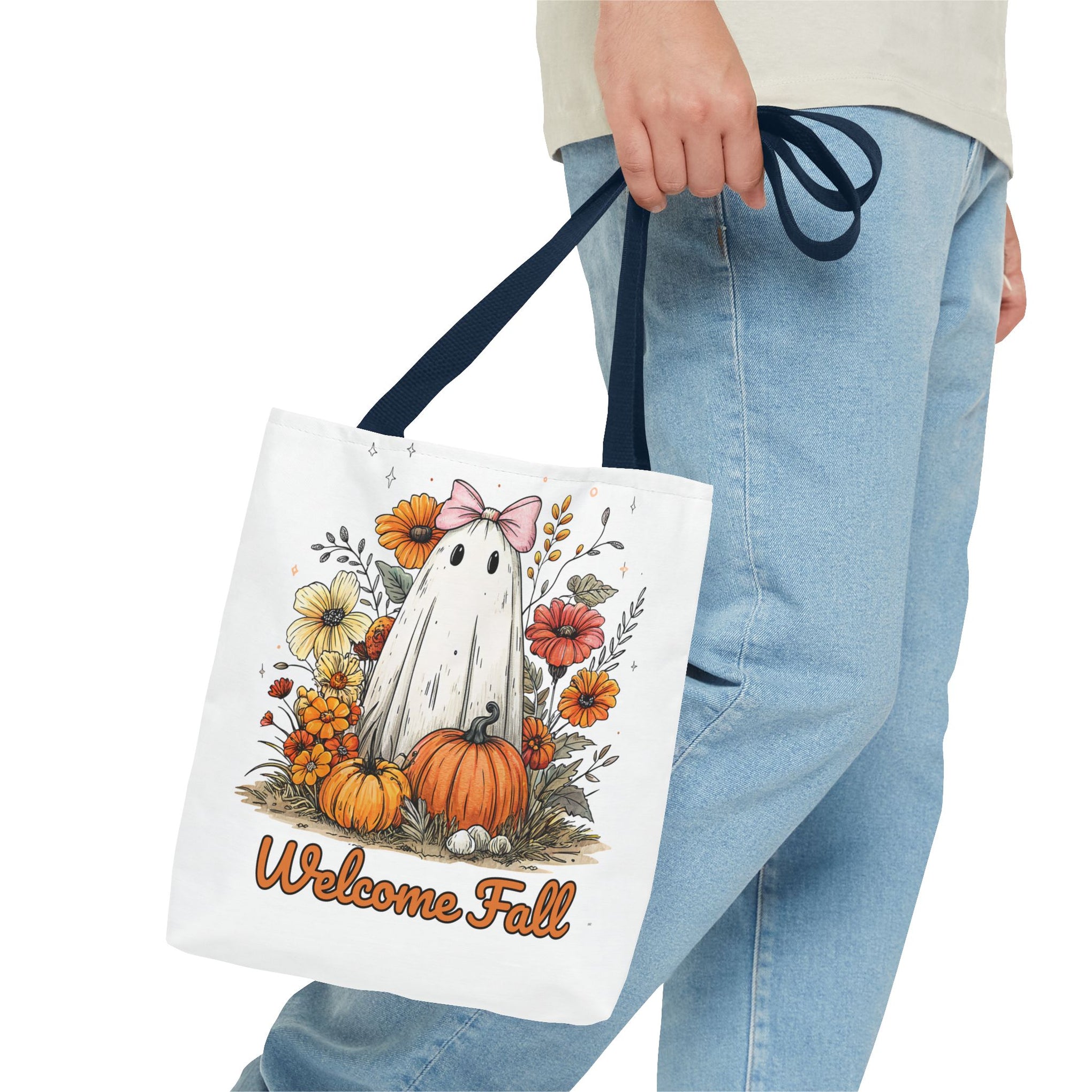 Welcome Fall Ghost, Floral Pumpkin Bag
