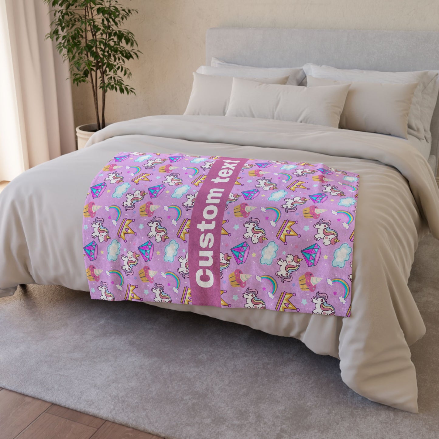 Cute Rainbow Unicorn Add Custom Text Polyester Blanket - Cozy Nature-Inspired Throw for Kids & Family