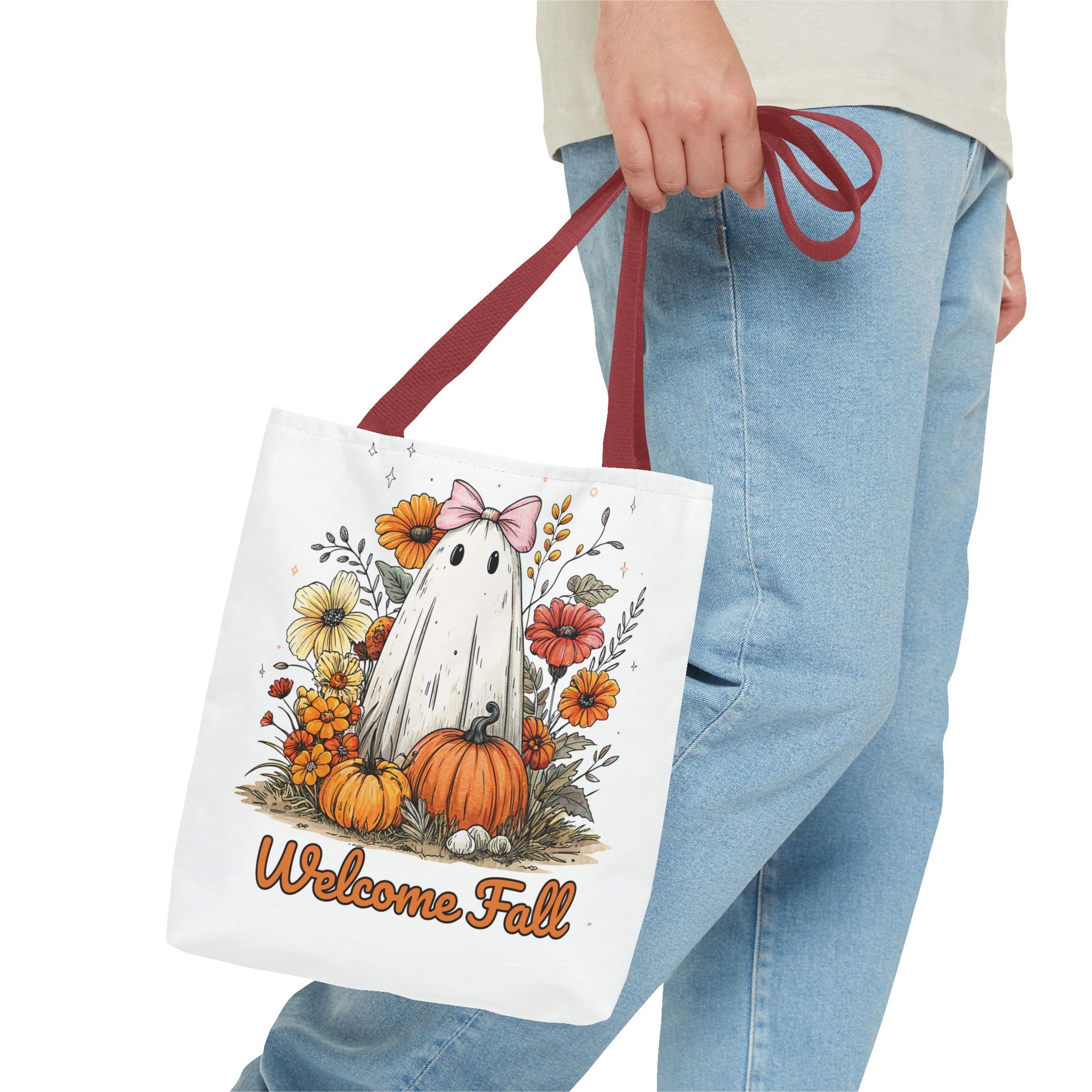 Welcome Fall Ghost, Floral Pumpkin Bag