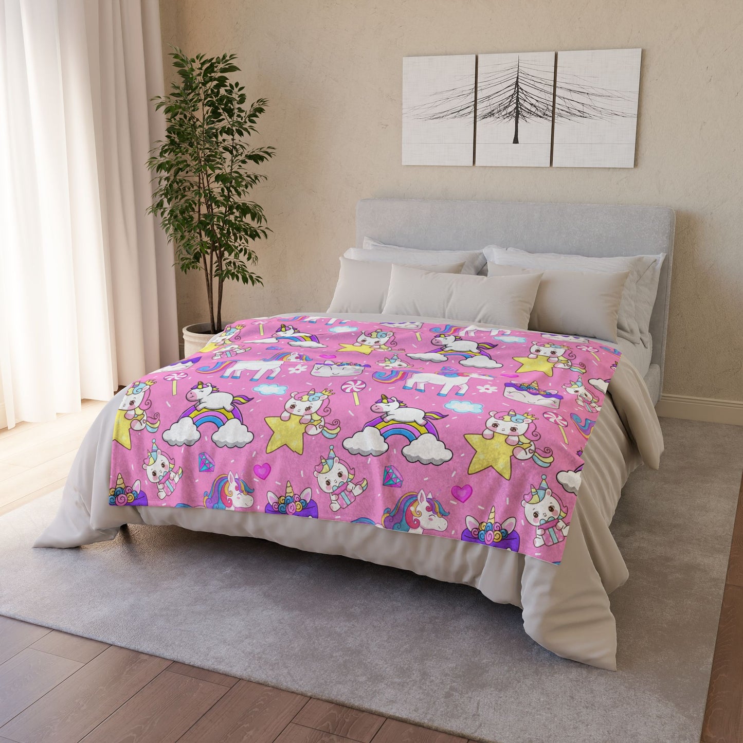 Rainbow Unicorn Stars Candy Cloud Birthday Cake Polyester Blanket - Cozy Nature-Inspired Throw for Kids & Family